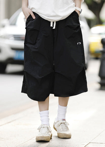 Loose Black Drawstring Pockets Patchwork Crop Pants Summer