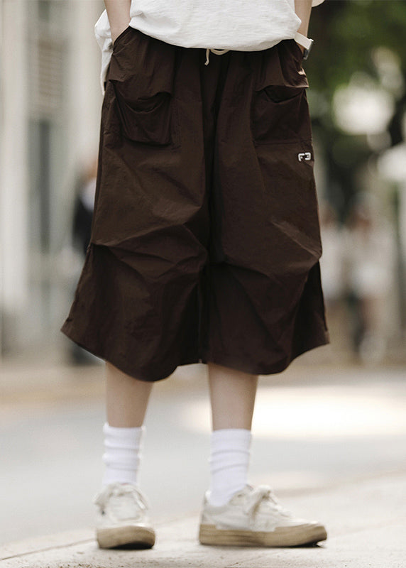 Loose Black Drawstring Pockets Patchwork Crop Pants Summer