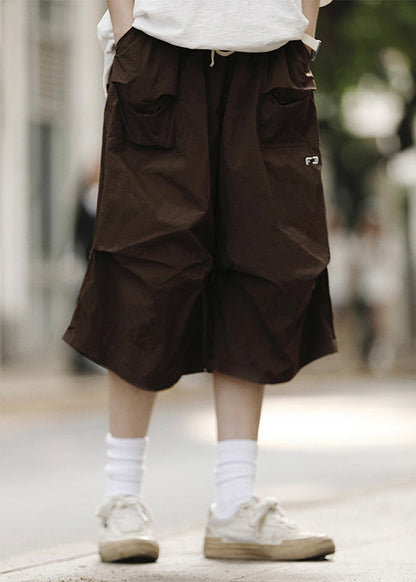 Loose Black Drawstring Pockets Patchwork Crop Pants Summer