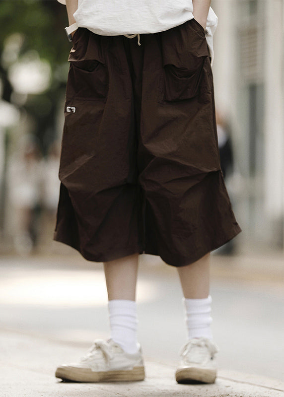 Loose Black Drawstring Pockets Patchwork Crop Pants Summer