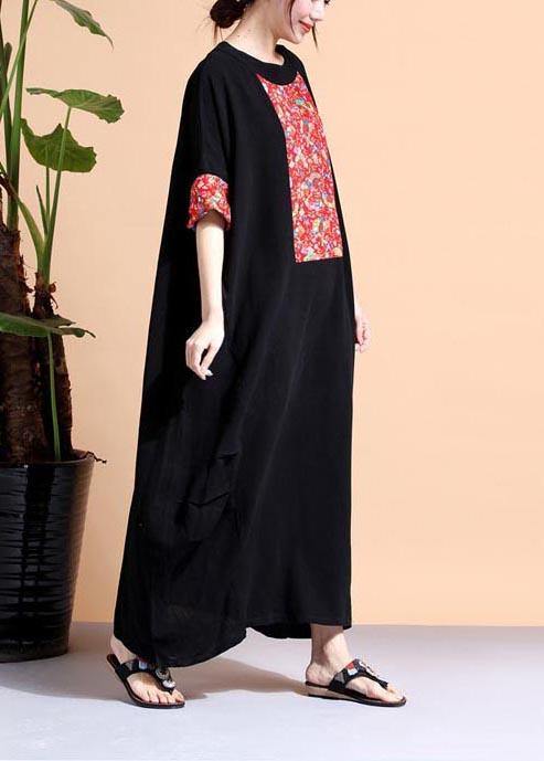 Loose Black Dresses O Neck Patchwork Cotton Robes Dress