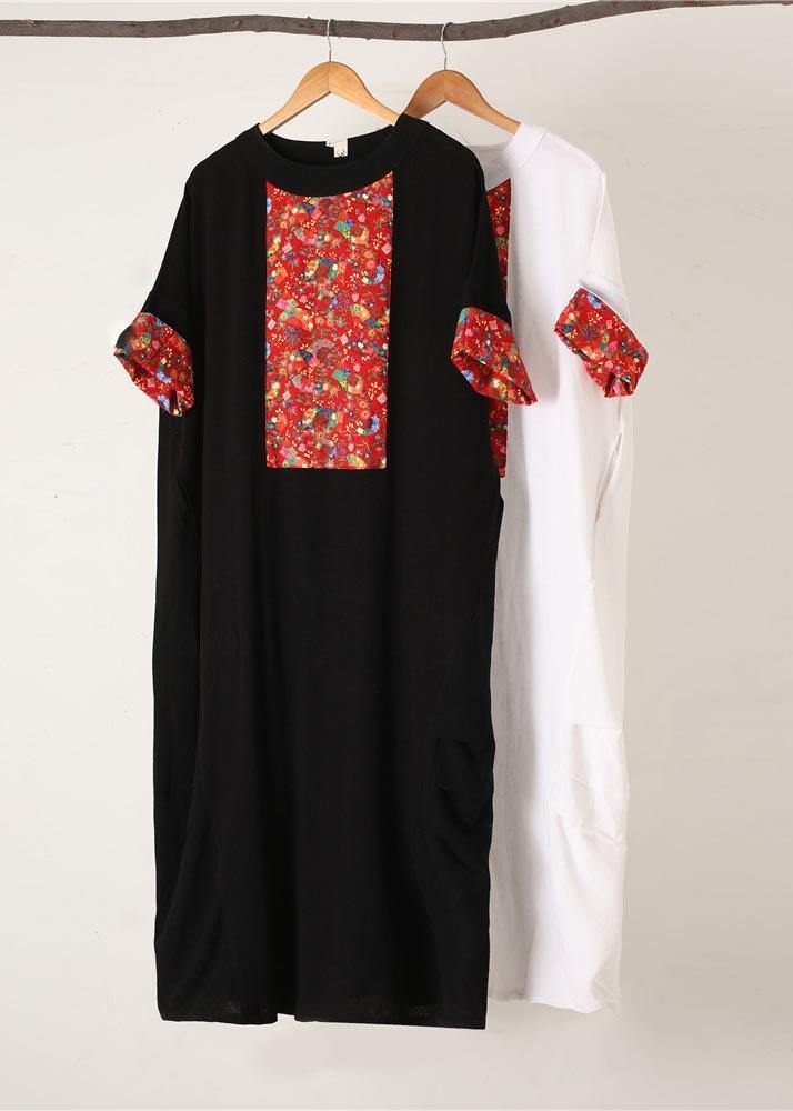 Loose Black Dresses O Neck Patchwork Cotton Robes Dress