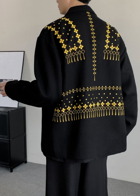 Loose Black Embroideried Button Woolen Coats Winter