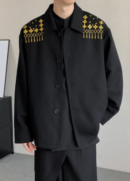 Loose Black Embroideried Button Woolen Coats Winter