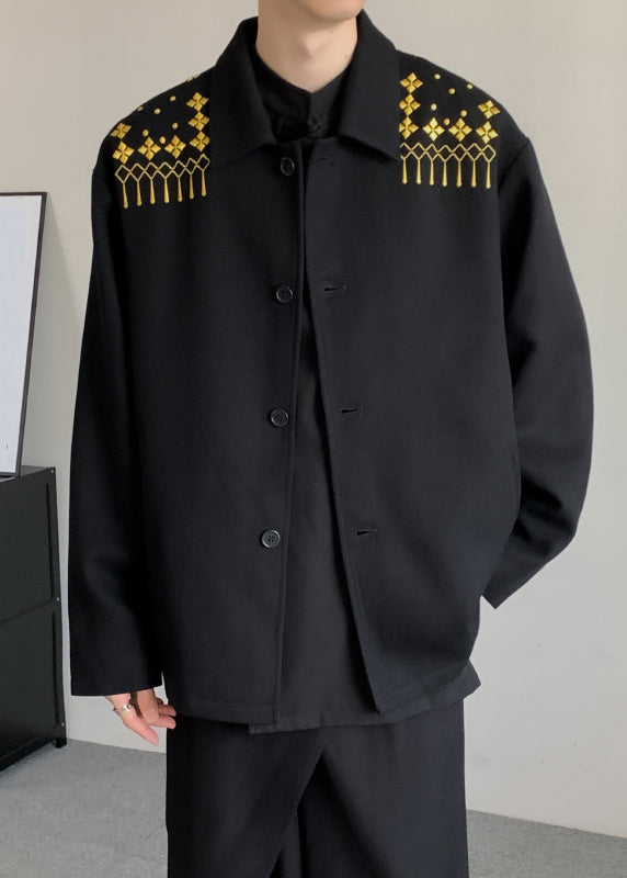 Loose Black Embroideried Button Woolen Coats Winter