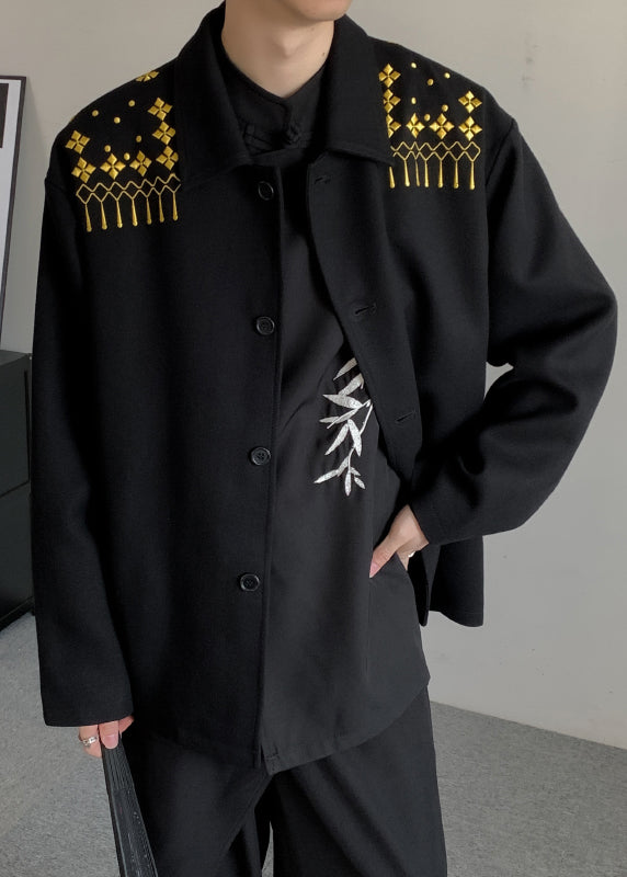 Loose Black Embroideried Button Woolen Coats Winter