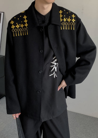 Loose Black Embroideried Button Woolen Coats Winter