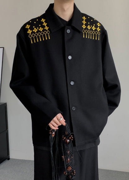 Loose Black Embroideried Button Woolen Coats Winter