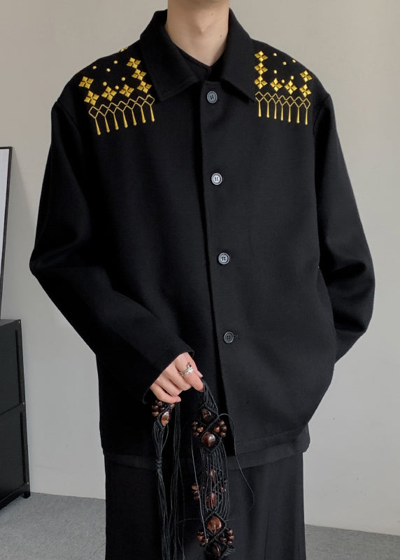 Loose Black Embroideried Button Woolen Coats Winter