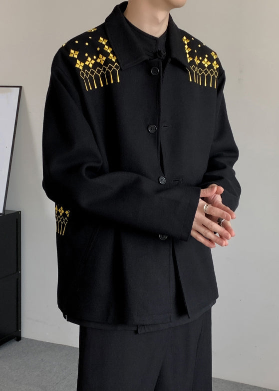 Loose Black Embroideried Button Woolen Coats Winter