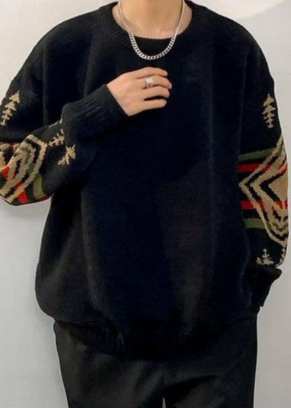 Loose Black Geometric Thick Knit Sweaters Winter