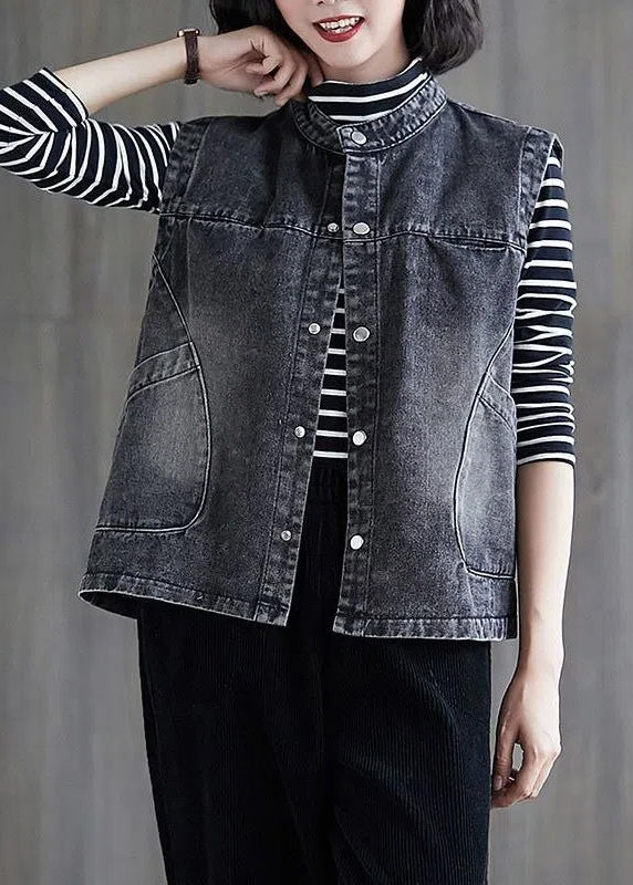 Loose Black Grey Colour O-neck Patchwork Button Pockets Denim Waistcoat Sleeveless