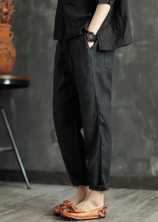 Loose Black High Waist Patchwork Linen Pants Summer