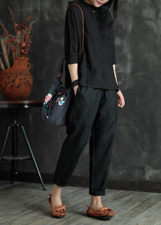 Loose Black High Waist Patchwork Linen Pants Summer