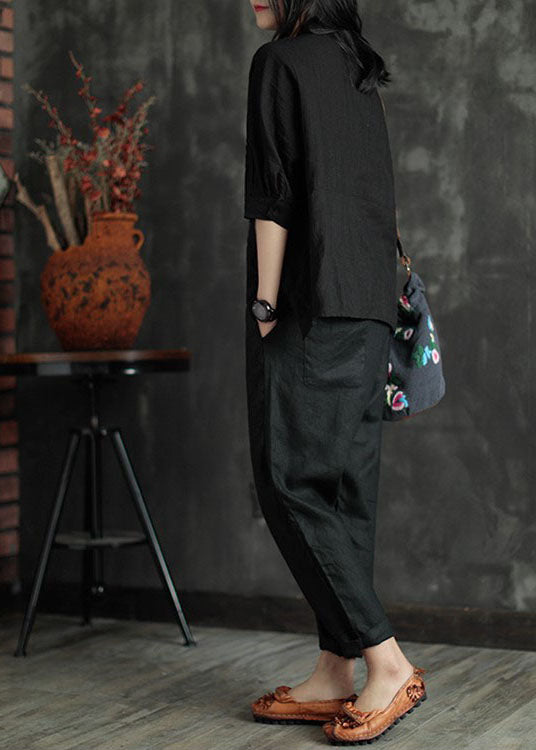 Loose Black High Waist Patchwork Linen Pants Summer