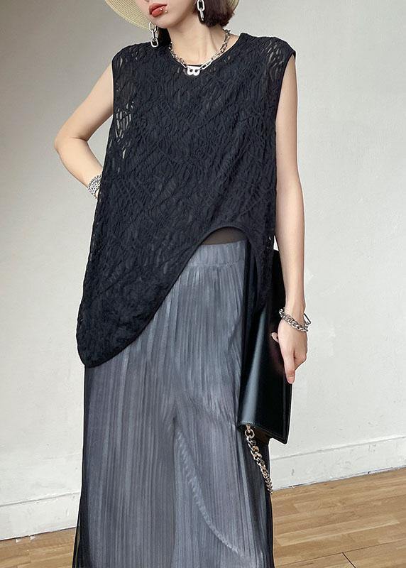 Loose Black Hollow Out Asymmetrical Design Sleeveless Tanks Summer