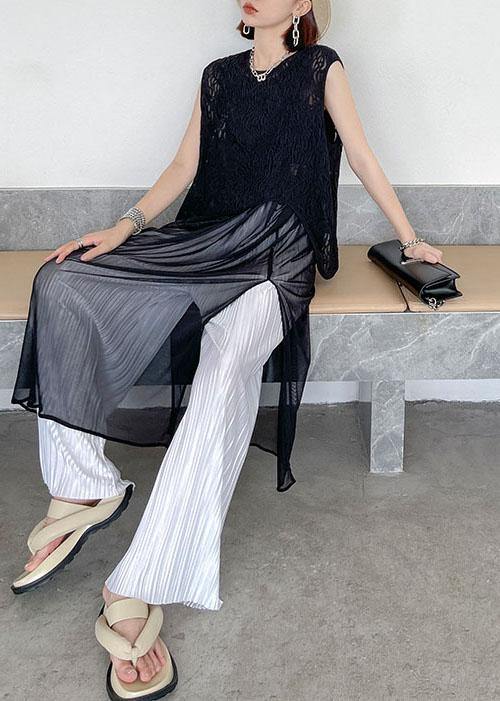 Loose Black Hollow Out Asymmetrical Design Sleeveless Tanks Summer