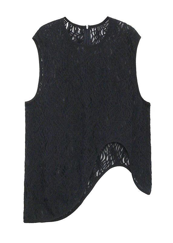 Loose Black Hollow Out Asymmetrical Design Sleeveless Tanks Summer