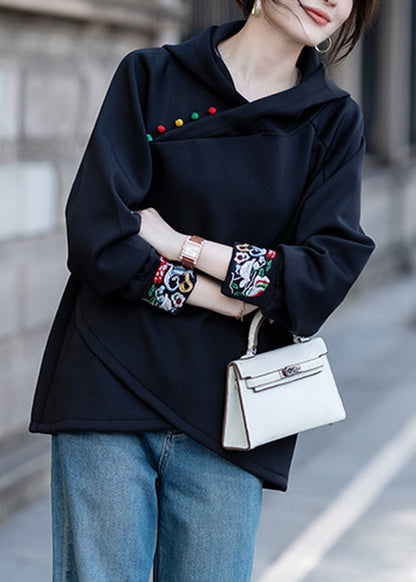 Loose Black Hooded Embroidered Cotton Sweatshirts Fall