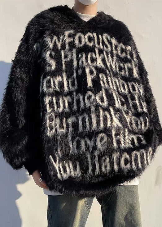 Loose Black Hooded Letter Mink Velvet Sweaters Winter