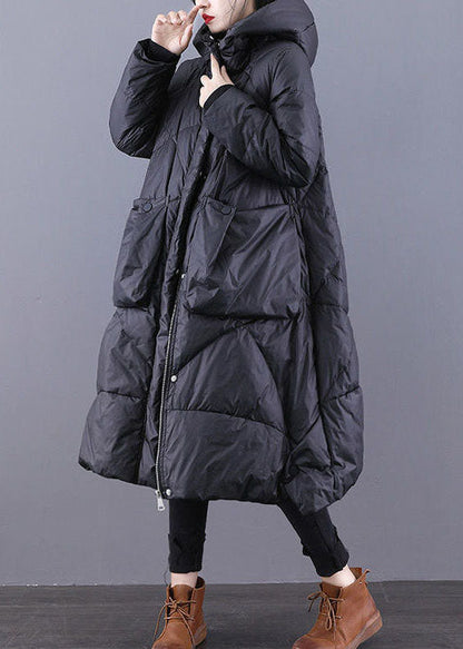 Loose Black Hooded Pockets Cotton Blend Winter Down Coat