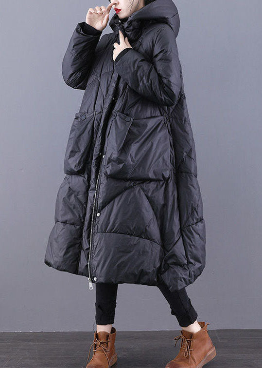 Loose Black Hooded Pockets Cotton Blend Winter Down Coat
