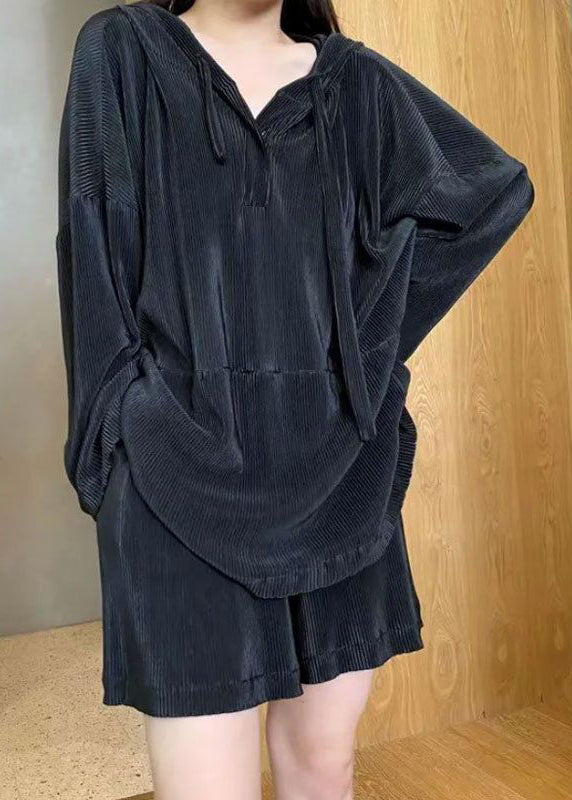 Loose Black Hooded Upf 50+ Top and Shorts Two Piece Set Long Sleeve