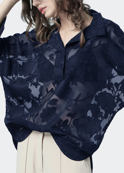 Loose Black Lace Button Chiffon Blouses Batwing Sleeve