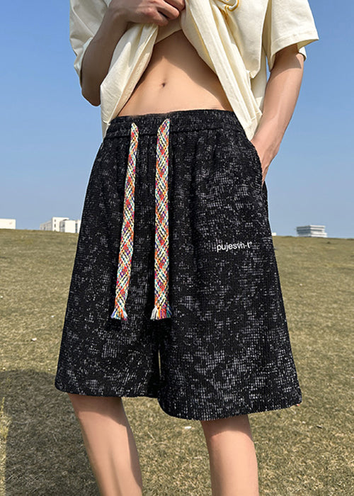 Loose Black Lace Up Pockets Cotton Shorts Summer