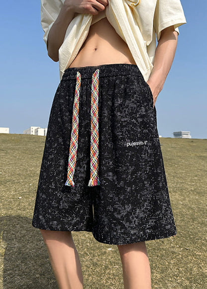 Loose Black Lace Up Pockets Cotton Shorts Summer