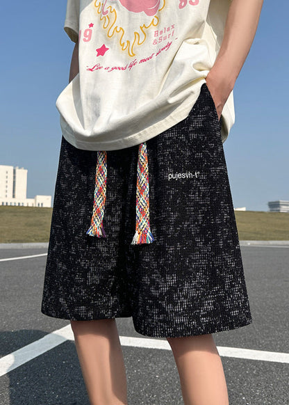 Loose Black Lace Up Pockets Cotton Shorts Summer