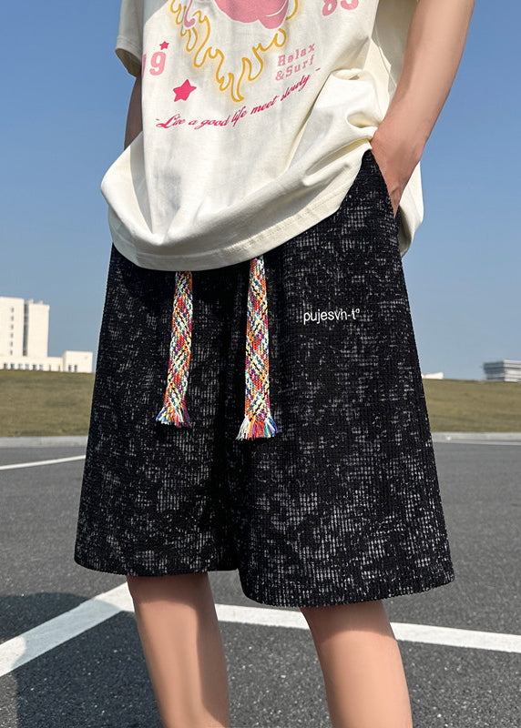 Loose Black Lace Up Pockets Cotton Shorts Summer
