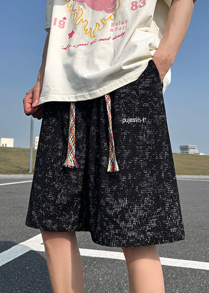 Loose Black Lace Up Pockets Cotton Shorts Summer