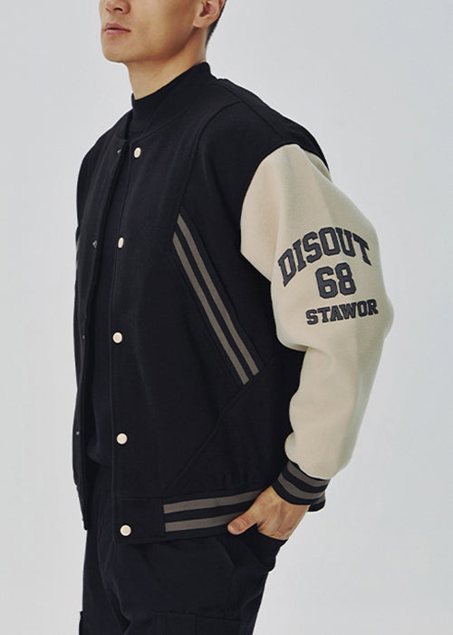 Loose Black Letter Pockets Patchwork Woolen Jacket Spring