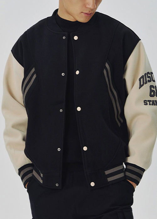 Loose Black Letter Pockets Patchwork Woolen Jacket Spring