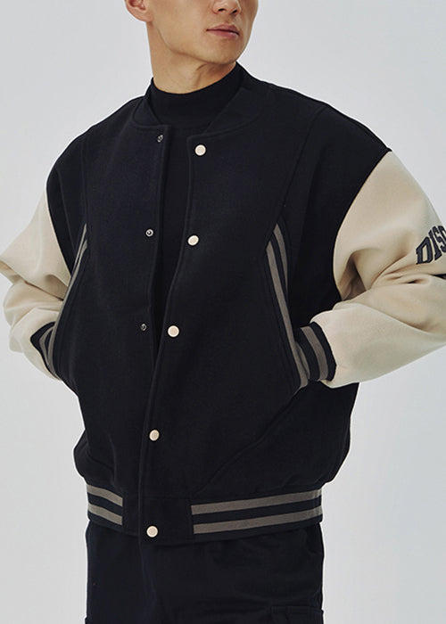 Loose Black Letter Pockets Patchwork Woolen Jacket Spring