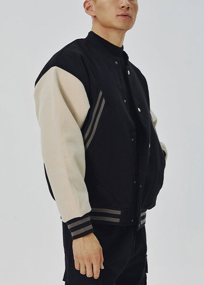Loose Black Letter Pockets Patchwork Woolen Jacket Spring