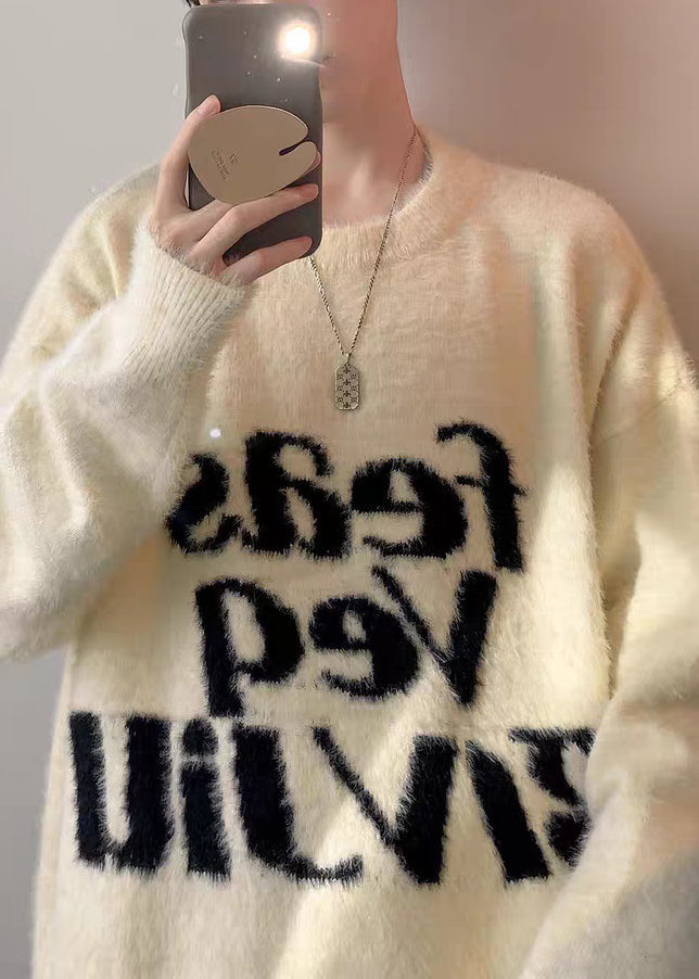 Loose Black Letter Thick Mink Hair Knitted Sweater Tops Winter