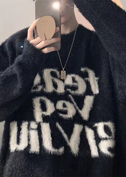 Loose Black Letter Thick Mink Hair Knitted Sweater Tops Winter
