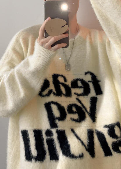 Loose Black Letter Thick Mink Hair Knitted Sweater Tops Winter