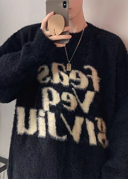 Loose Black Letter Thick Mink Hair Knitted Sweater Tops Winter