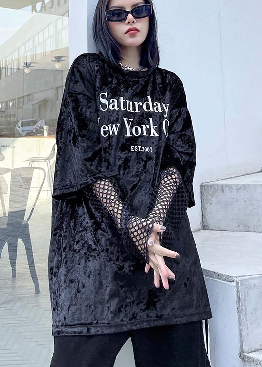 Loose Black Letter Tops Blouses O Neck Loose Spring Top