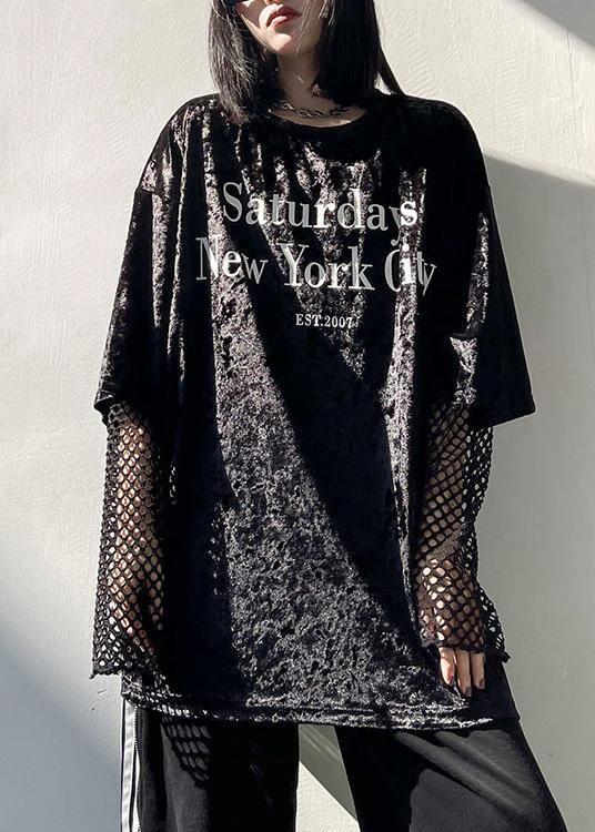 Loose Black Letter Tops Blouses O Neck Loose Spring Top