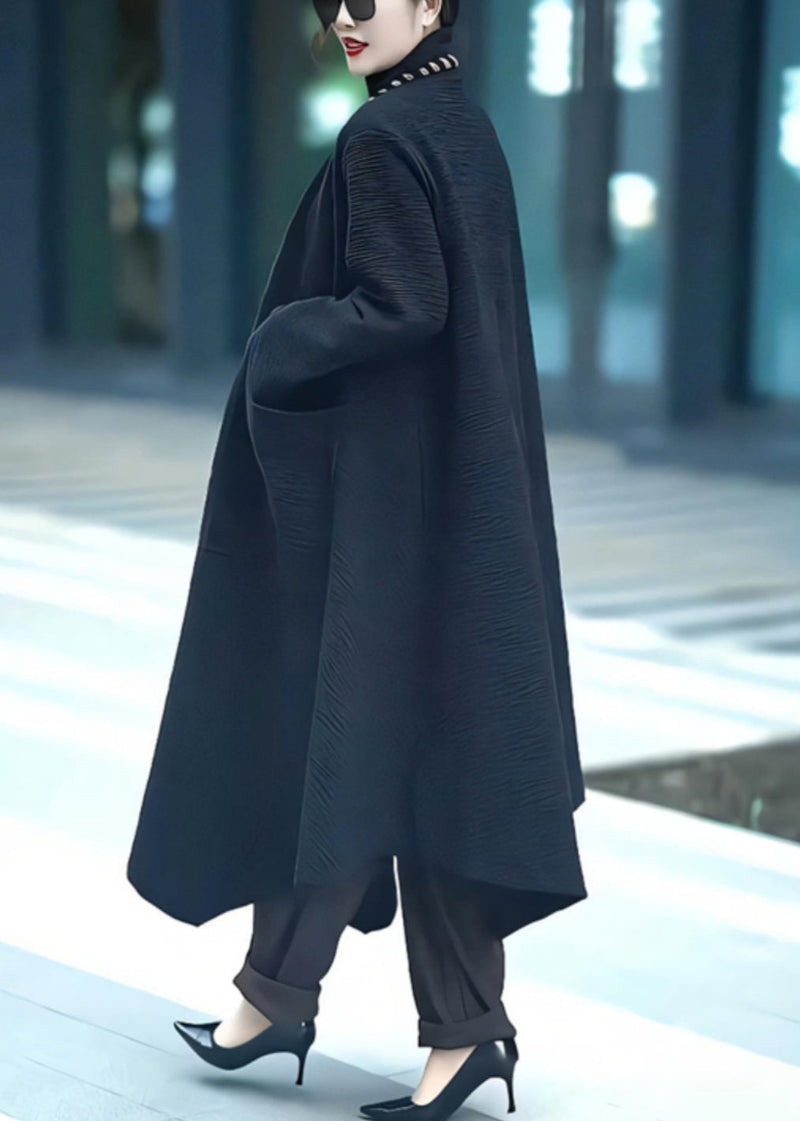 Loose Black Notched Pockets Cotton Coats Winter