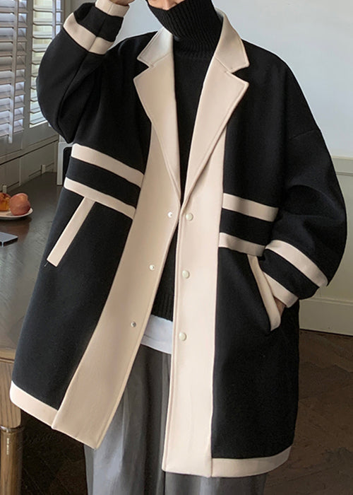 Loose Black Notched Pockets Patchwork Woolen Coat Winter