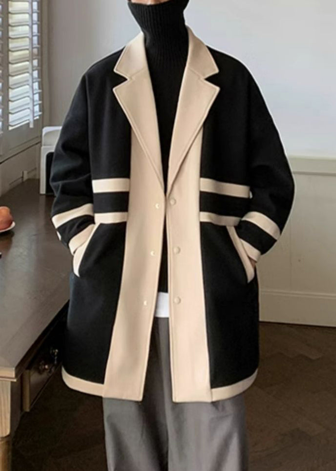 Loose Black Notched Pockets Patchwork Woolen Coat Winter