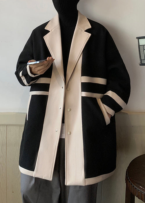 Loose Black Notched Pockets Patchwork Woolen Coat Winter
