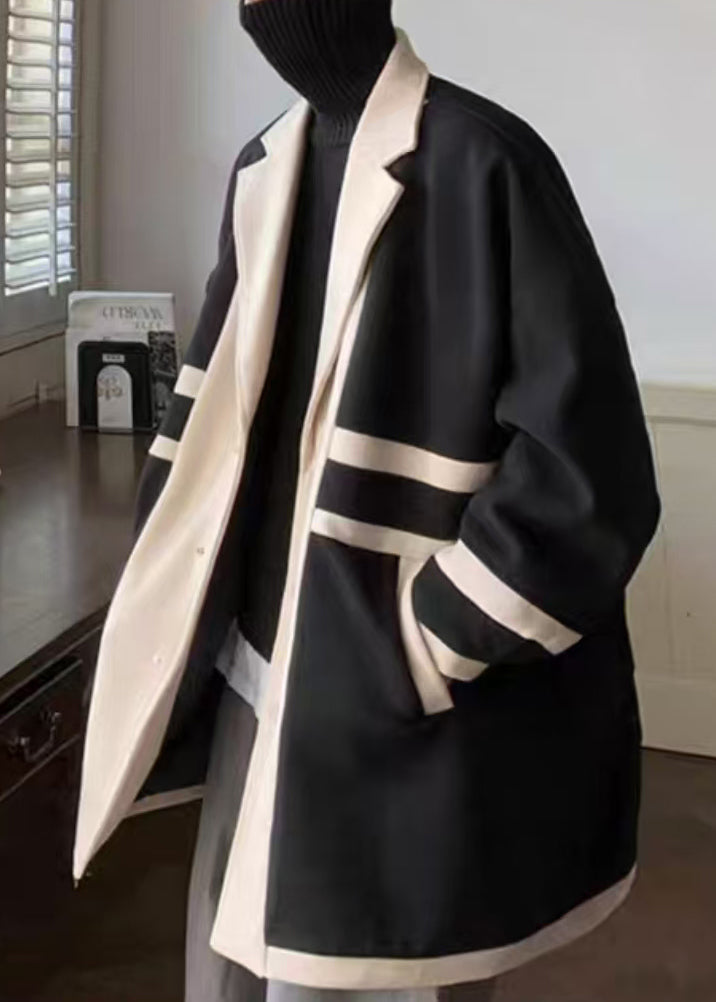 Loose Black Notched Pockets Patchwork Woolen Coat Winter