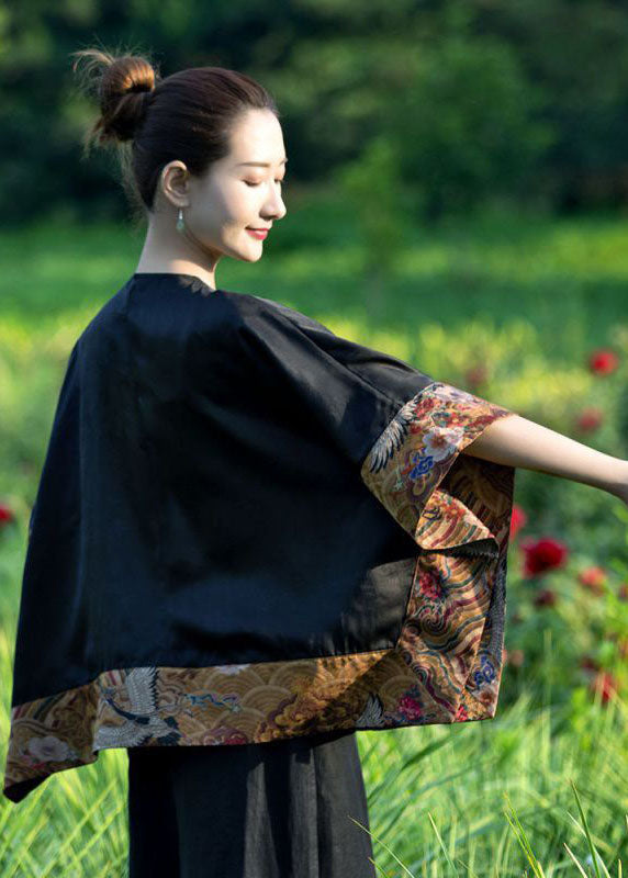 Loose Black O-neck Asymmetrical Patchwork Silk Top Spring