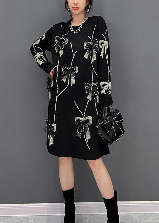 Loose Black O-neck Bow Knit Long Dresses Winter